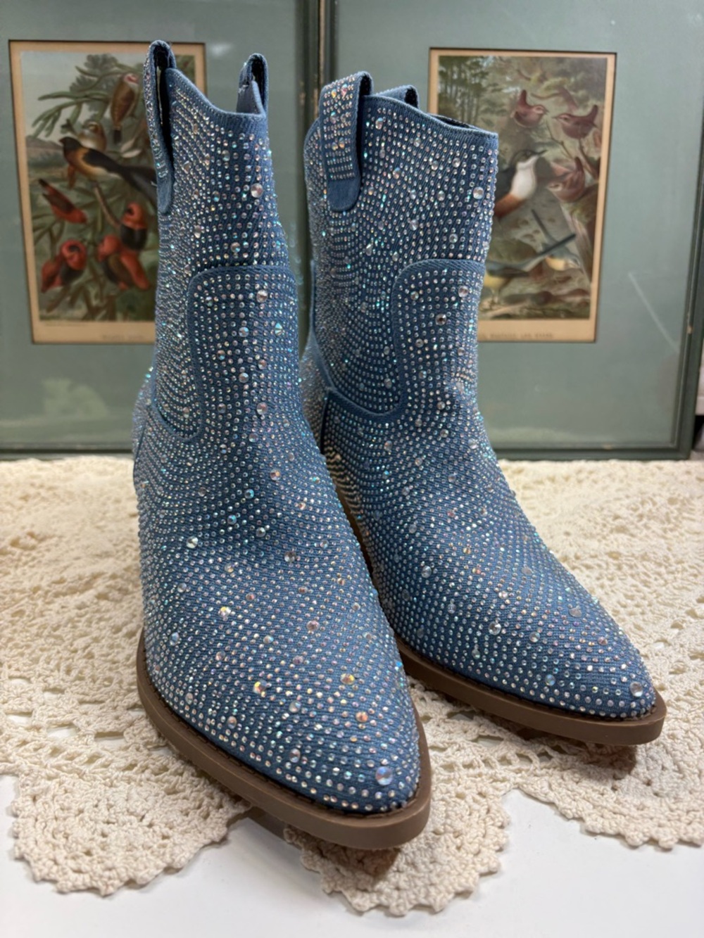 Blue Crystal Embellished Women's Western Booties